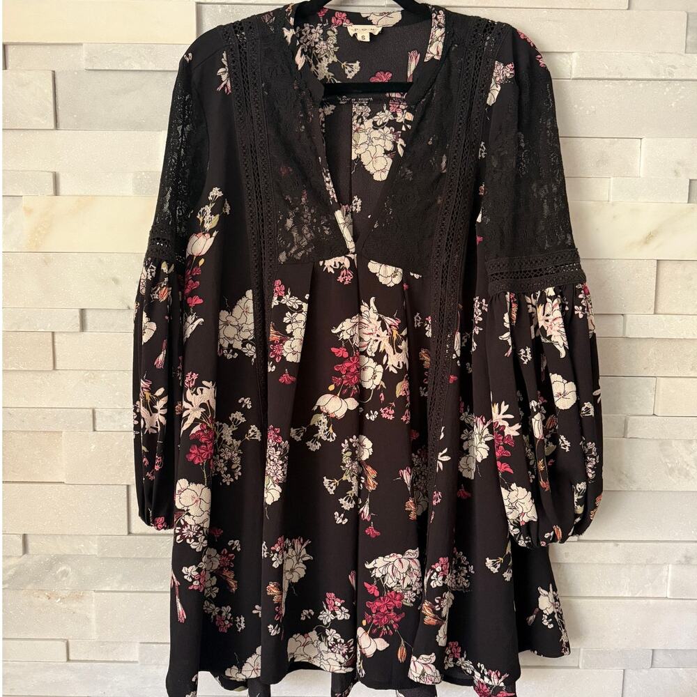 POL V-neck Babydoll Black Floral & Lace Long Balloon Sleeve Mini Dress S 90s Y2K